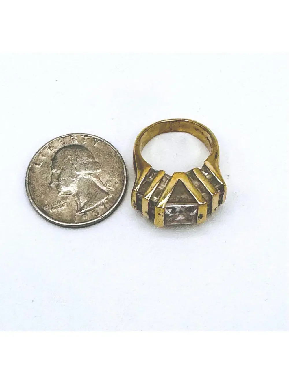 Men's gold clad sterling silver triangle crystal ring; size 5.75